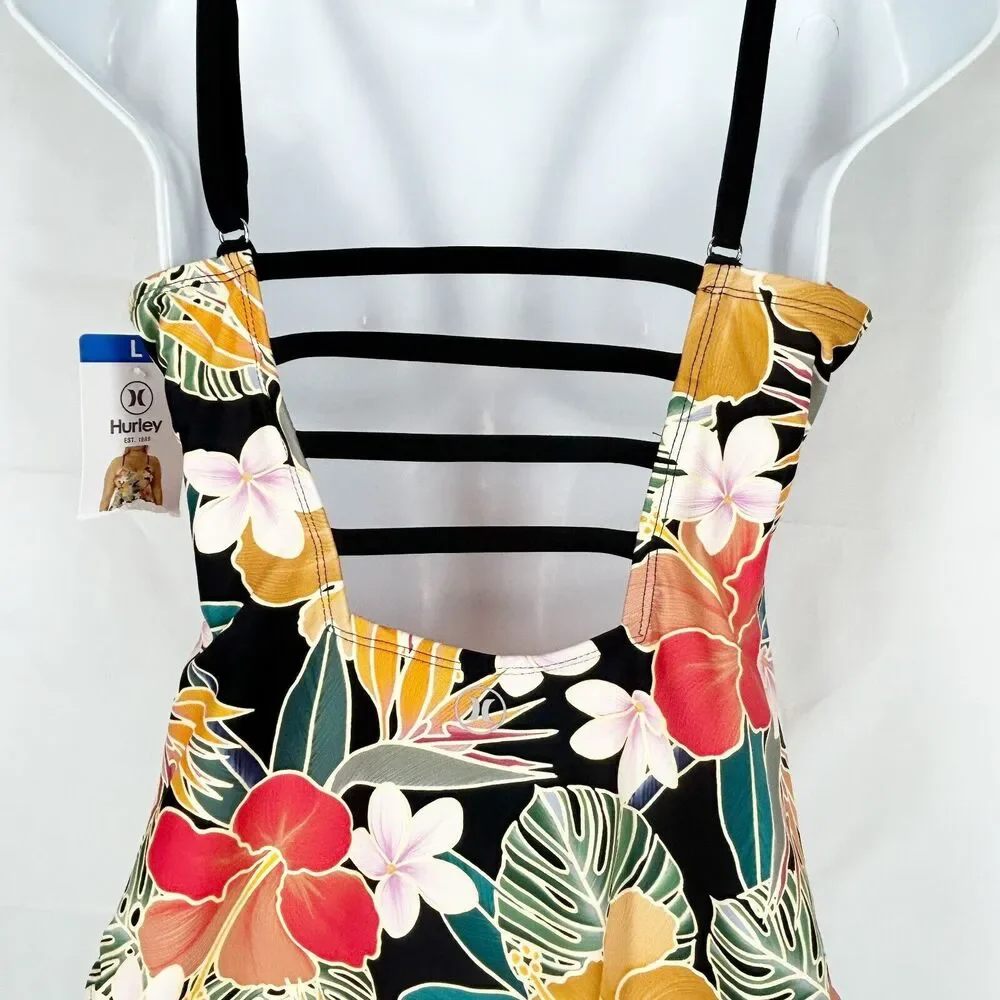 💐 NEW Hurley L One Piece Swimsuit Tropical Floral Coral Teal Gold Black NWT - Picture 8 of 13